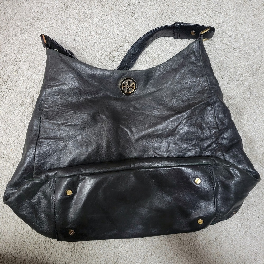 Tory Burch Dena Black Soft Leather‎ Hobo Shoulder Handbag Distressed Purse - Picture 10 of 10